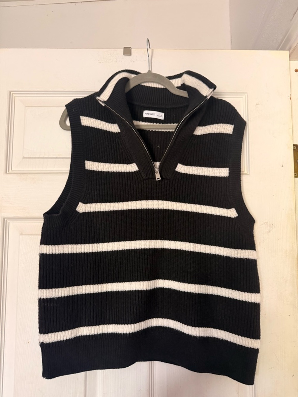 Nine West Black and White Striped Zip-Neck Knit Vest